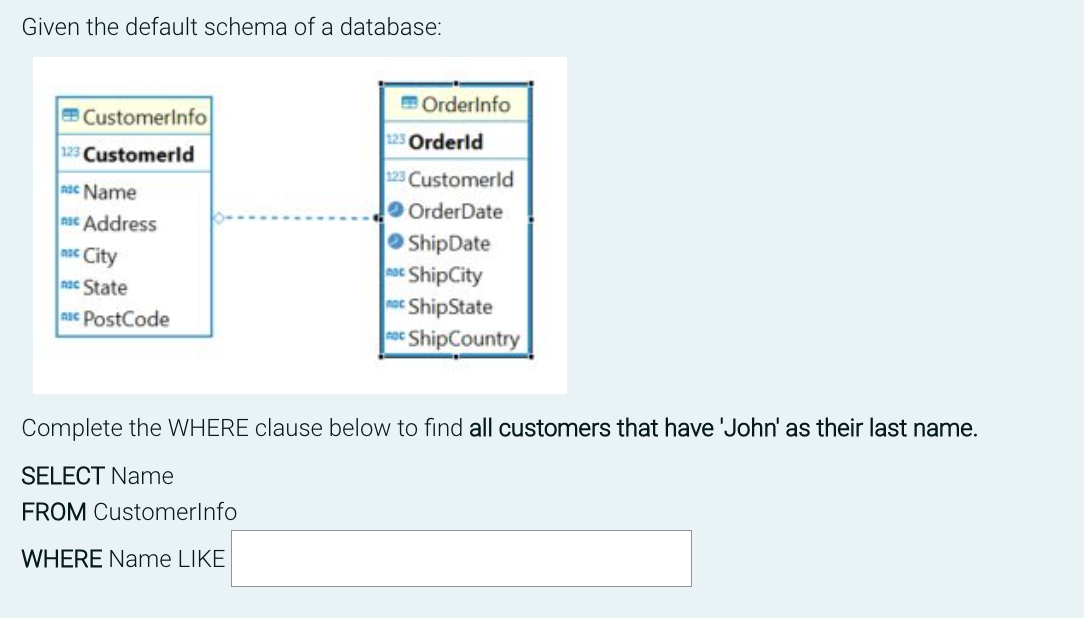 Given the default schema of a database:
CustomerInfo
123 Customerld
ASC Name
sc Address
nac City
nac State
ase PostCode
Orderinfo
125 Orderld
123 Customerld
OrderDate
ShipDate
ShipCity
no ShipState
o ShipCountry
Complete the WHERE clause below to find all customers that have 'John' as their last name.
SELECT Name
FROM CustomerInfo
WHERE Name LIKE