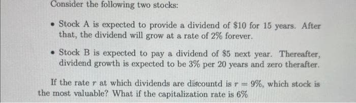 Consider the following two stocks:
Stock A is expected to provide a dividend of $10 for 15 years. After
that, the dividend will grow at a rate of 2% forever.
Stock B is expected to pay a dividend of $5 next year. Thereafter,
dividend growth is expected to be 3% per 20 years and zero therafter.
If the rate r at which dividends are discountd is r= 9%, which stock is
the most valuable? What if the capitalization rate is 6%