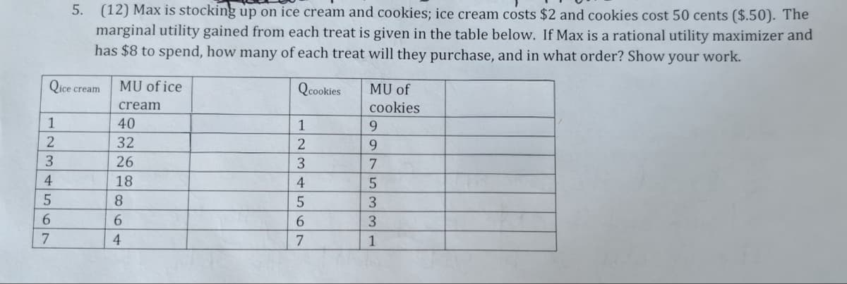 5.
(12) Max is stocking up on ice cream and cookies; ice cream costs $2 and cookies cost 50 cents ($.50). The
marginal utility gained from each treat is given in the table below. If Max is a rational utility maximizer and
has $8 to spend, how many of each treat will they purchase, and in what order? Show your work.
Qice cream
MU of ice
Qcookies
MU of
cream
cookies
1234567
40
1
9
32
2
9
26
3
7
18
4
5
8
5
3
6
6
3
4
7
1