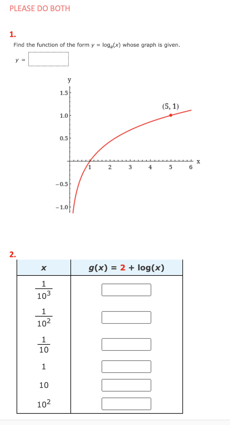 PLEASE DO BOTH
1.
Find the function of the form y = log,(x) whose graph is given.
y =
y
1.5
(5, 1)
1.0
0.5
2
3
4
6.
-0.5
-1.0
2.
g(x) = 2 + log(x)
1
103
1
102
1
10
1
10
102

