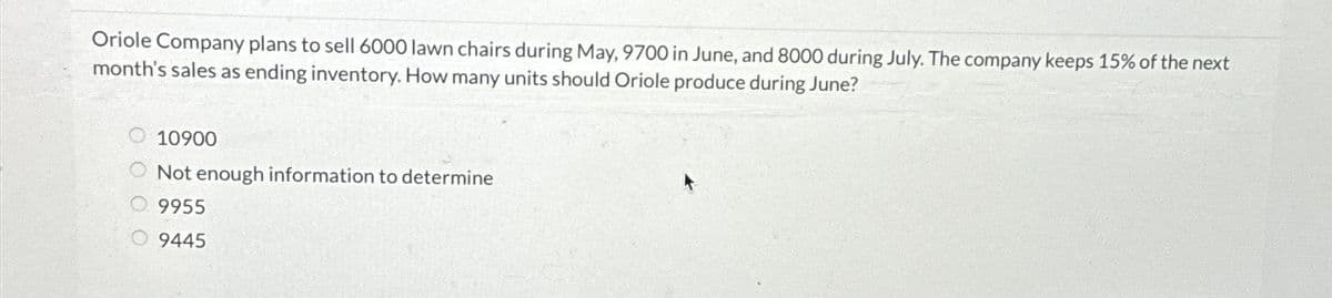 Oriole Company plans to sell 6000 lawn chairs during May, 9700 in June, and 8000 during July. The company keeps 15% of the next
month's sales as ending inventory. How many units should Oriole produce during June?
10900
Not enough information to determine
9955
9445