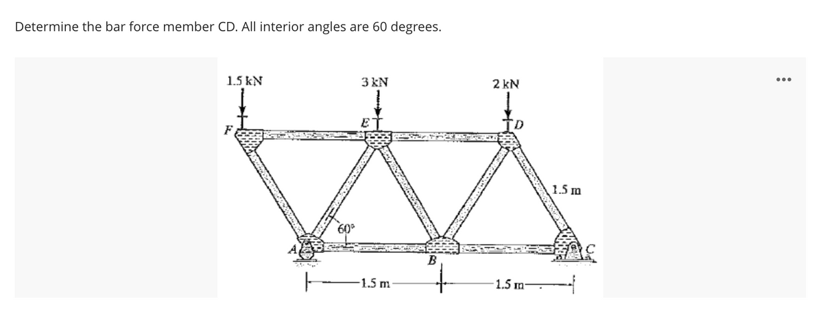 Determine the bar force member CD. All interior angles are 60 degrees.
...
3 KN
2 kN
1.5 kN
[D
F
1.5 m
1.5 m
1.5 m-
