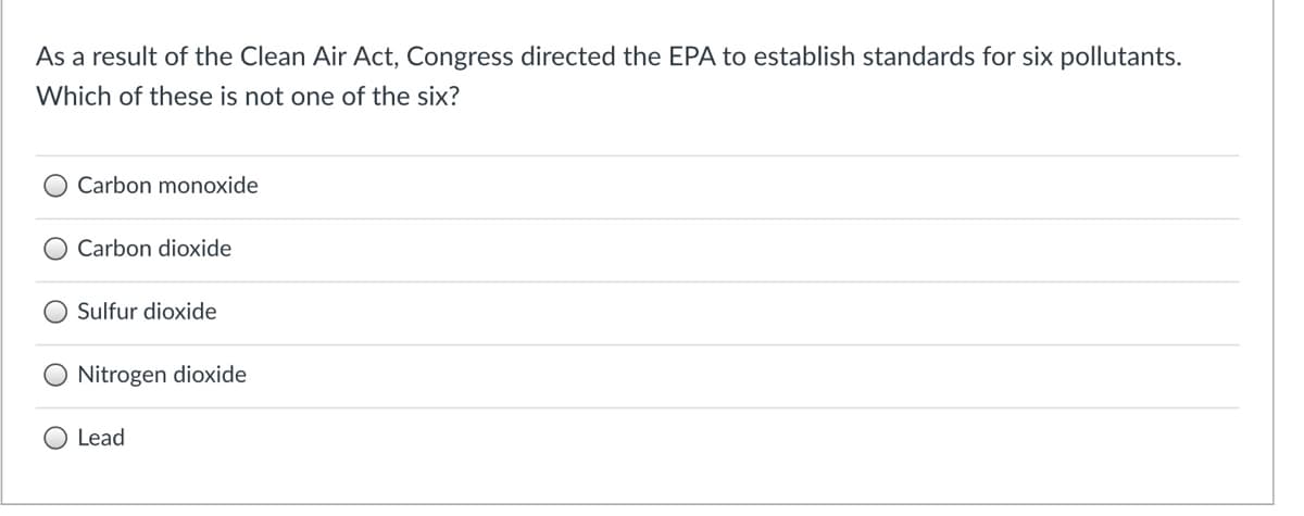 As a result of the Clean Air Act, Congress directed the EPA to establish standards for six pollutants.
Which of these is not one of the six?
Carbon monoxide
Carbon dioxide
Sulfur dioxide
Nitrogen dioxide
Lead
