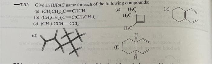 -7.33 Give an IUPAC name for each of the following compounds:
(a)
(CH₂CH₂)₂C=CHCH,
H₂C
(b) (CH₂CH₂)₂C=C(CH₂CH3)₂
(c) (CH3),CCH=CC1₂
(d)
##
H₂C-
HG
H₂C
H
(f) wd brodo
illas
09
H
WAME
I