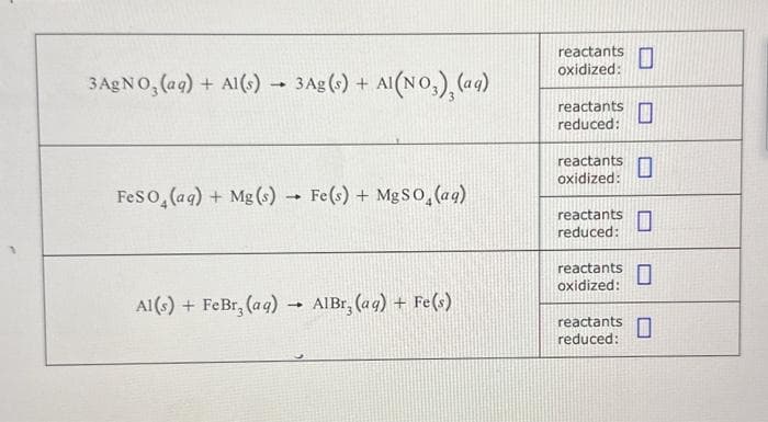 3 AgNO3(aq) + Al(s) - 3 Ag(s) + + Al(NO₂)₂ (aq)
FeSO4 (aq) + Mg(s) Fe(s) + MgSO (aq)
Al(s) + FeBr₂ (aq)
-
-
AlBr, (aq) + Fe(s)
reactants
oxidized:
reactants
reduced:
0
reactants 0
oxidized:
0
reactants
reduced:
reactants
oxidized:
reactants
reduced: