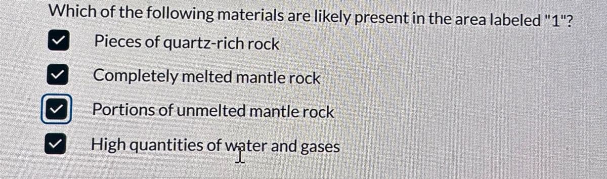 Which of the following materials are likely present in the area labeled "1"?
Pieces of quartz-rich rock
Completely melted mantle rock
Portions of unmelted mantle rock
High quantities of water and gases