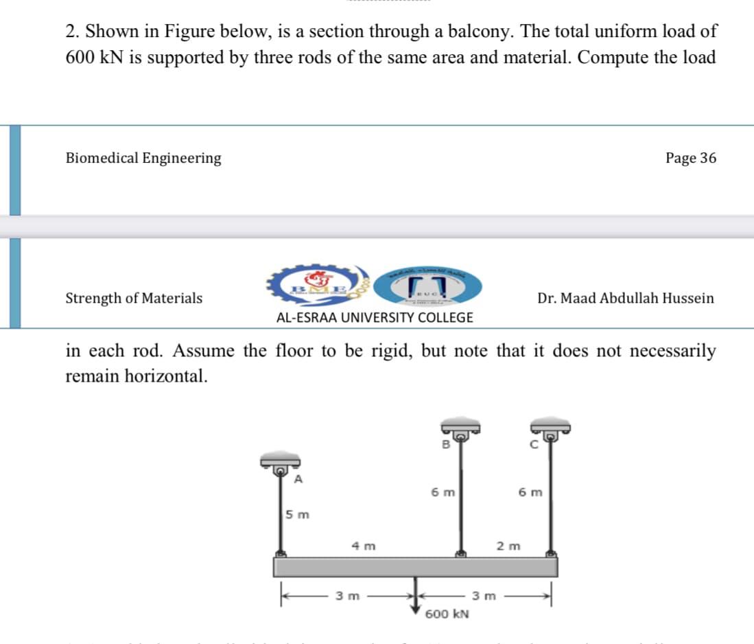 2. Shown in Figure below, is a section through a balcony. The total uniform load of
600 kN is supported by three rods of the same area and material. Compute the load
Biomedical Engineering
Page 36
Strength of Materials
Dr. Maad Abdullah Hussein
SRAA UNIVERSITY COLLEGE
in each rod. Assume the floor to be rigid, but note that it does not necessarily
remain horizontal.
A
6 m
6 m
5 m
4 m
2 m
3 m
3 m
600 kN
