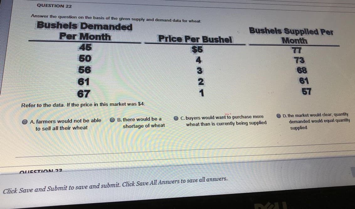 QUESTION 22
Answer the question on the basis of the given supply and demand data for wheat
Bushels Demanded
Bushels Supplled Per
Per Month
45
Price Per Bushel
$5
Month
77
50
4
73
56
68
61
57
61
2
67
1
Refer to the data. If the price in this market was $4:
O C. buyers would want to purchase more
wheat than is currently being supplied
O D. the market would clear, quantity
demanded would equal quantity
supplied
O A. farmers would not be able
O B. there would be a
to sell all their wheat
shortage of wheat
OUESTION 23
Click Save and Submit to save and submit. Click Save All Answers to save all answers.
