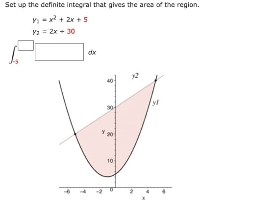 Set up the definite integral that gives the area of the region.
Y₁ = x² + 2x + 5
Y2 = 2x + 30
dx
40
30
20-
10-
32
yl
