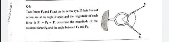 QI:
Two forces F, and F; act on the screw eye. If their lines of
action are at an angle e apart and the magnitude of each
force is F, - F; = F, determine the magnitude of the
resultant force Fu and the angle between FR and F1.
