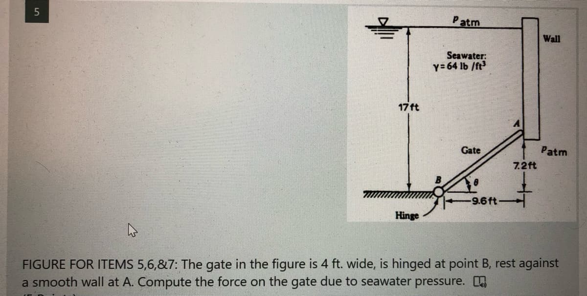 Patm
Wall
Seawater:
y= 64 lb /ft
17 ft
Gate
Patm
7.2ft
9.6ft-
Hinge
FIGURE FOR ITEMS 5,6,&7: The gate in the figure is 4 ft. wide, is hinged at point B, rest against
a smooth wall at A. Compute the force on the gate due to seawater pressure.
