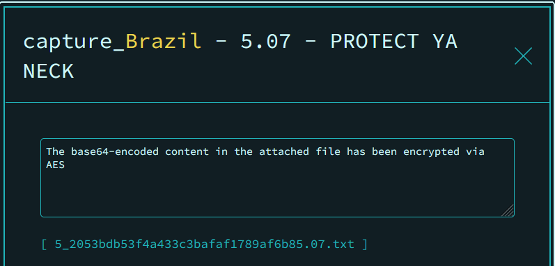 capture_Brazil - 5.07 -
PROTECT YA
NECK
The base64-encoded content in the attached file has been encrypted via
AES
[ 5_2053bdb53f4a433c3bafaf1789af6b85.07.txt ]
