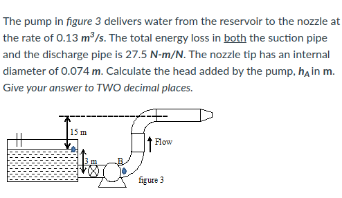 The pump in figure 3 delivers water from the reservoir to the nozzle at
the rate of 0.13 m /s. The total energy loss in both the suction pipe
and the discharge pipe is 27.5 N-m/N. The nozzle tip has an internal
diameter of 0.074 m. Calculate the head added by the pump, ha in m.
Give your answer to TWO decimal places.
15 m
キ
Flow
figure 3
