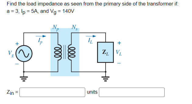 Find the load impedance as seen from the primary side of the transformer if:
a = 3, Ip = 5A, and Vg = 140V
N₂
Zin
||
Ns
IL
units
+
ZL VL