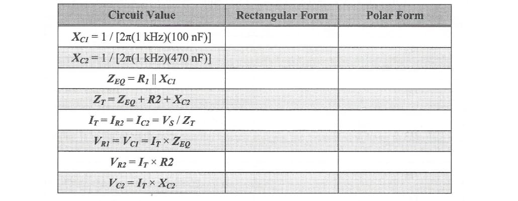 Circuit Value
XCI= 1/[2π(1 kHz)(100 nF)]
Xc2= 1/[2(1 kHz)(470 nF)]
ZEQ = R₁ || XC1
ZT ZEQ + R2 + Xc2
IT IR2= IC₂= Vs / ZT
VRI=VCI ITX ZEQ
VR2= ITX R2
Vc2= ITX XC2
Rectangular Form
Polar Form