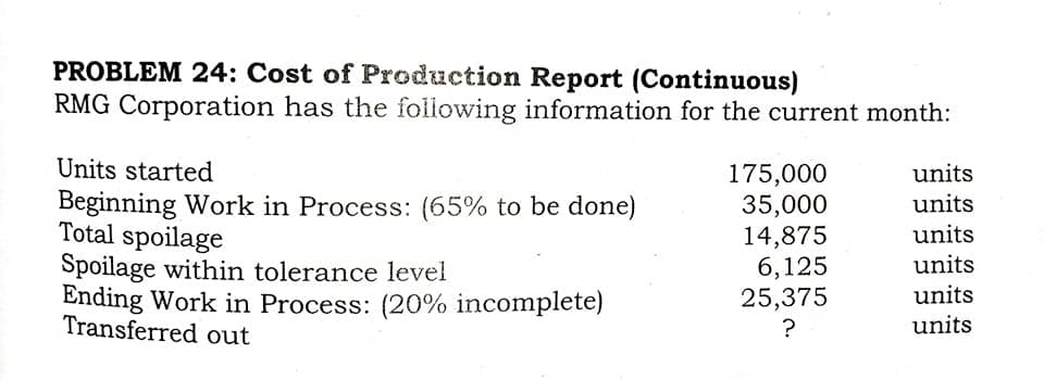 PROBLEM 24: Cost of Production Report (Continuous)
RMG Corporation has the following information for the current month:
Units started
175,000
35,000
units
Beginning Work in Process: (65% to be done)
Total spoilage
Spoilage within tolerance level
Ending Work in Process: (20% incomplete)
units
14,875
units
units
6,125
25,375
units
Transferred out
?
units
