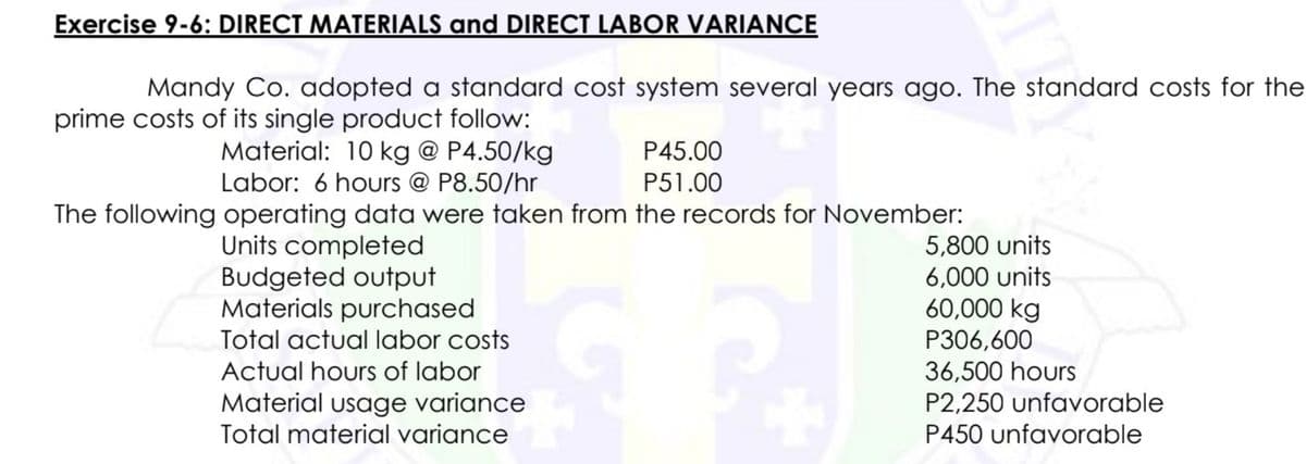 Exercise 9-6: DIRECT MATERIALS and DIRECT LABOR VARIANCE
Mandy Co. adopted a standard cost system several years ago. The standard costs for the
prime costs of its single product follow:
Material: 10 kg @ P4.50/kg
Labor: 6 hours @ P8.50/hr
P45.00
P51.00
The following operating data were taken from the records for November:
Units completed
Budgeted output
Materials purchased
5,800 units
6,000 units
60,000 kg
P306,600
Total actual labor costs
36,500 hours
P2,250 unfavorable
P450 unfavorable
Actual hours of labor
Material usage variance
Total material variance
