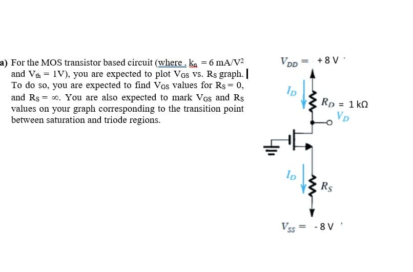 VDp = +8 V
a) For the MOS transistor based circuit (where. ka = 6 mA/V2
and Vth = 1V), you are expected to plot VGs vs. Rs graph. |
To do so, you are expected to find VGS values for Rs = 0,
and Rs = 0. You are also expected to mark VGs and Rs
values on your graph corresponding to the transition point
between saturation and triode regions.
Ip
Rp = 1 k2
VD
%3D
Ip
Rs
Vss = -8 V

