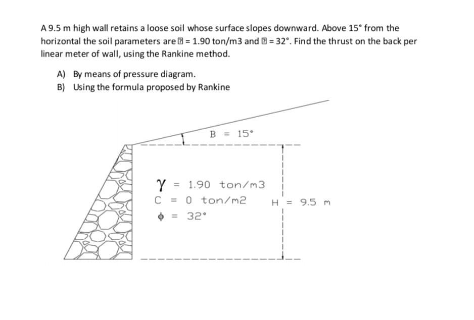 A 9.5 m high wall retains a loose soil whose surface slopes downward. Above 15° from the
horizontal the soil parameters are = 1.90 ton/m3 and = 32°. Find the thrust on the back per
linear meter of wall, using the Rankine method.
A) By means of pressure diagram.
B) Using the formula proposed by Rankine
B = 15°
Y = 1.90 ton/m3
C = 0 ton/m2
Ф = 32°
H = 9.5 m
