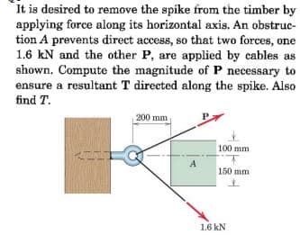 It is desired to remove the spike from the timber by
applying force along its horizontal axis, An obstruc-
tion A prevents direct access, so that two forces, one
1.6 kN and the other P, are applied by cables as
shown. Compute the magnitude of P necessary to
ensure a resultant T directed along the spike. Also
find T.
200 mm
100 mm
A
150 mm
1.6 kN
