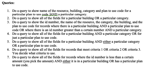 Queries:
1. Do a query to show name of the resource, building, category and plan to use code for a
particular plan to use code AND a particular category.
2. Do a query to show all of the fields for a particular building OR a particular category.
3. Do a query to show the id number, the name of the resource, the category, the building, and the
plan to use code for records where there is a particular building AND a particular plan to use
code OR where there is an id number greater than a certain number AND a particular category.
4. Do a query to show all of the fields for a particular building AND a particular category OR for
just a particular plan to use code.
5.
Do a query to show all of the fields for a particular building AND either a particular category
OR a particular plan to use code.
6. Do a query to show all of the fields for records that meet criteria 1 OR criteria 2 OR criteria 3.
You decide what criteria to use.
7. Do a query to show all of the fields for records where the id number is less than a certain
amount (you pick the amount) AND either it is in a particular building OR has a particular plan
to use code.