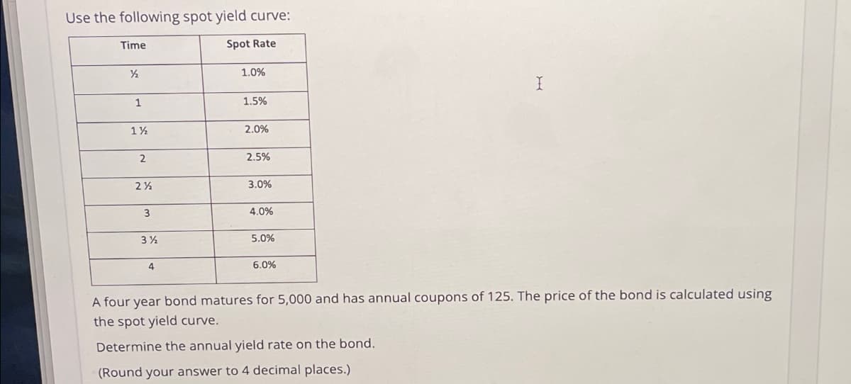 Use the following spot yield curve:
Time
½
Spot Rate
1.0%
I
1
1.5%
11/2
2.0%
2
2.5%
2½
3.0%
3
4.0%
31/2
5.0%
4
6.0%
A four year bond matures for 5,000 and has annual coupons of 125. The price of the bond is calculated using
the spot yield curve.
Determine the annual yield rate on the bond.
(Round your answer to 4 decimal places.)