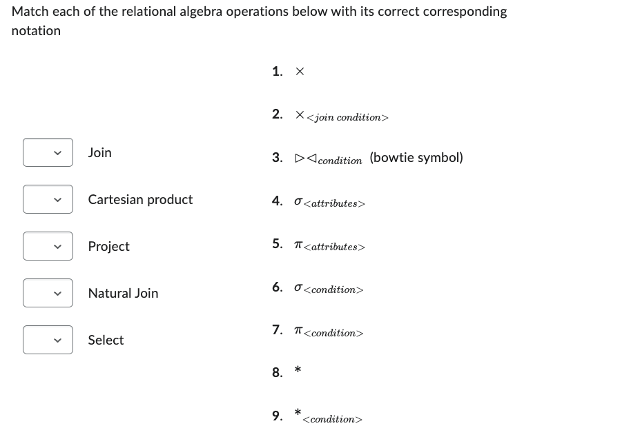 Match each of the relational algebra operations below with its correct corresponding
notation
Join
Cartesian product
Project
Natural Join
Select
1. X
2. X<join condition>
3. condition (bowtie symbol)
4. <attributes>
5. π<attributes>
6. <condition>
7. T<condition>
8. *
9.
<condition>