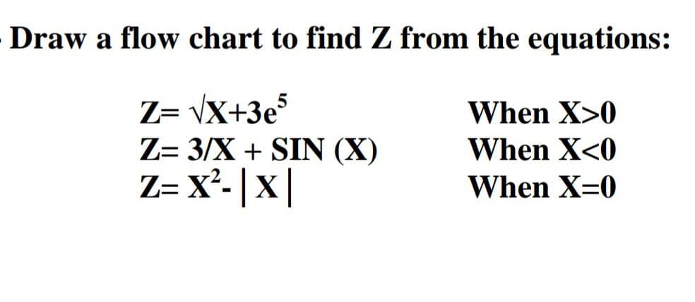 Draw a flow chart to find Z from the equations:
Z= vX+3e
Z= 3/X + SIN (X)
Z= X²- |X |
When X>0
When X<0
When X=0
