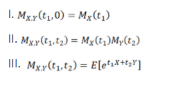 I. Mxy(t1,0) = Mx(t1)
II. Mxy(t1,t2) = Mx(t,)My(t2)
III. Mxy(t,,t2) = E[e*i*+t>¥]
