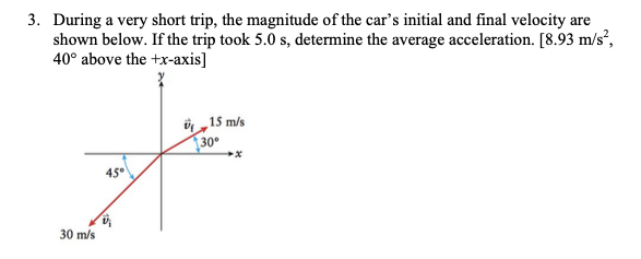 During a very short trip, the magnitude of the car's initial and final velocity are
shown below. If the trip took 5.0 s, determine the average acceleration. [8.93 m/s²,
40° above the +x-axis]
i„15 m/s
T30
45°
30 m/s
