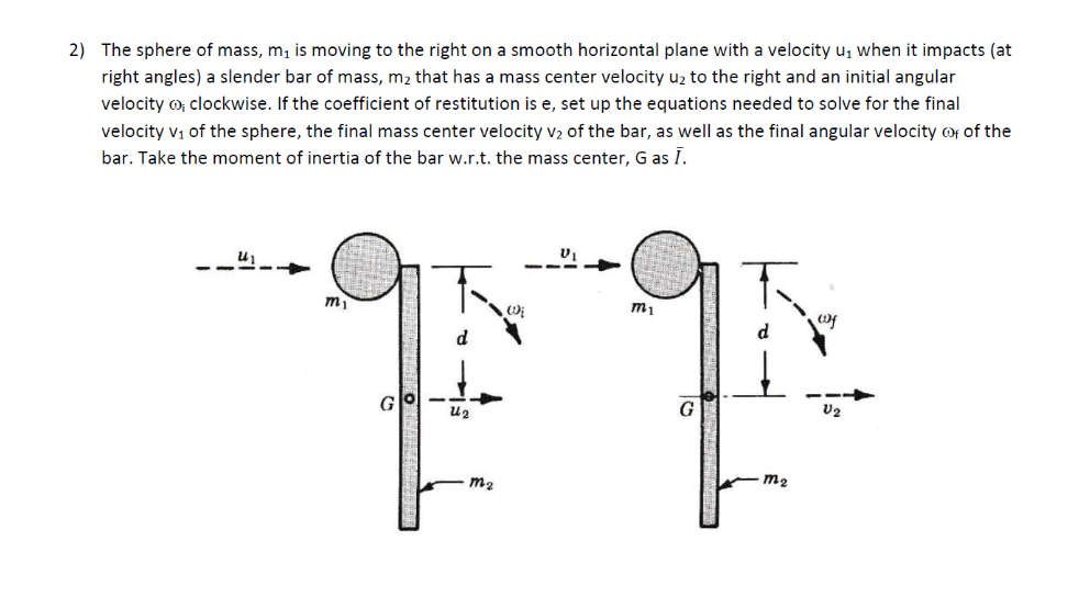 2) The sphere of mass, m₁ is moving to the right on a smooth horizontal plane with a velocity u₁ when it impacts (at
right angles) a slender bar of mass, m2 that has a mass center velocity u₂ to the right and an initial angular
velocity (), clockwise. If the coefficient of restitution is e, set up the equations needed to solve for the final
velocity V₁ of the sphere, the final mass center velocity V2 of the bar, as well as the final angular velocity of of the
bar. Take the moment of inertia of the bar w.r.t. the mass center, G as Ī.
11
mi
m1
Wi
d
d
G
G
V2
U2
ma
m2