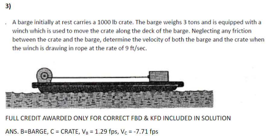 3)
. A barge initially at rest carries a 1000 lb crate. The barge weighs 3 tons and is equipped with a
winch which is used to move the crate along the deck of the barge. Neglecting any friction
between the crate and the barge, determine the velocity of both the barge and the crate when
the winch is drawing in rope at the rate of 9 ft/sec.
FULL CREDIT AWARDED ONLY FOR CORRECT FBD & KFD INCLUDED IN SOLUTION
ANS. B=BARGE, C = CRATE, V³ = 1.29 fps, Vc = -7.71 fps