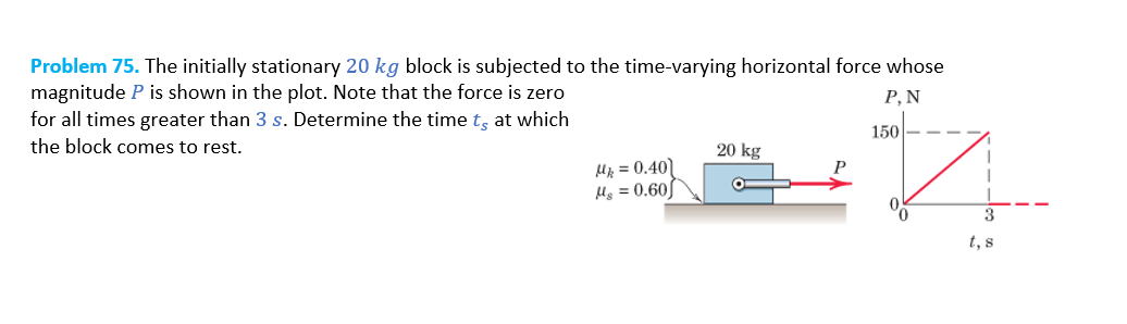 Problem 75. The initially stationary 20 kg block is subjected to the time-varying horizontal force whose
magnitude P is shown in the plot. Note that the force is zero
P.N
which
for all times greater than 3 s. Determine the time ts
the block comes to rest.
μ = 0.40)
Mg=0.60
20 kg
150
3
t, s