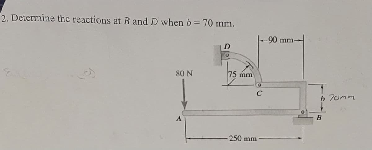 2. Determine the reactions at B and D when b = 70 mm.
80 N
A
O
75 mm
250 mm
|-90 mm-
T
B
70mm