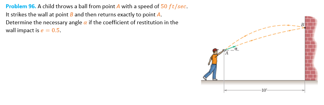 Problem 96. A child throws a ball from point A with a speed of 50 ft/sec.
It strikes the wall at point B and then returns exactly to point A.
Determine the necessary angle a if the coefficient of restitution in the
wall impact is e = 0.5.
-10-