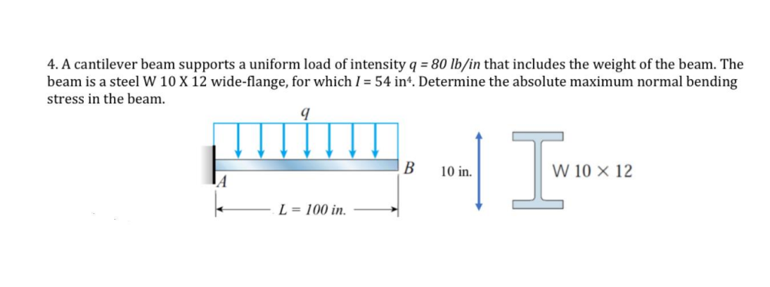 4. A cantilever beam supports a uniform load of intensity q = 80 lb/in that includes the weight of the beam. The
beam is a steel W 10 X 12 wide-flange, for which I = 54 in4. Determine the absolute maximum normal bending
stress in the beam.
9
ptm.
L = 100 in.
B
10 in.
Iw 10:
10 X 12