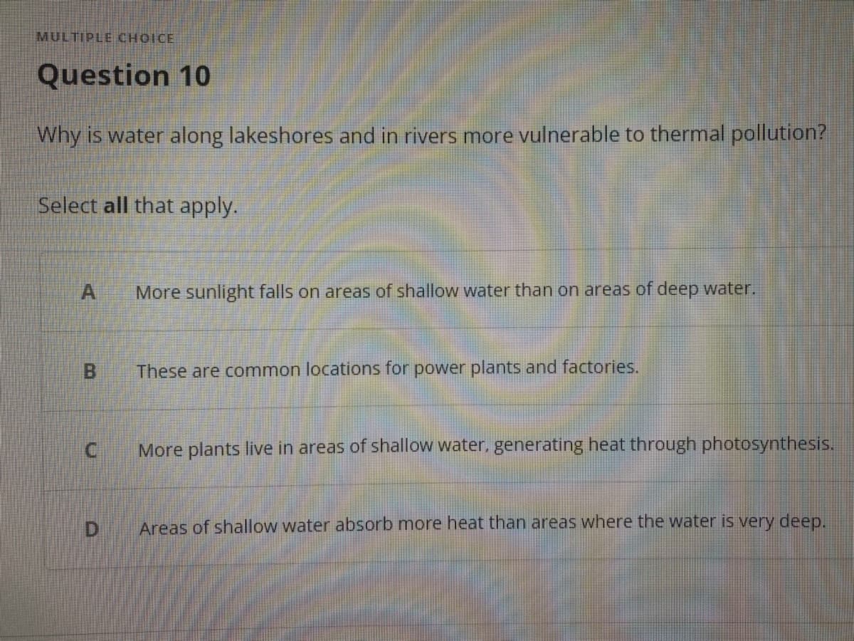 MULTIPLE CHOICE
Question 10
Why is water along lakeshores and in rivers more vulnerable to thermal pollution?
Select all that apply.
More sunlight falls on areas of shallow water than on areas of deep water,
Bi
These are common locations for power plants and factories.
More plants live in areas of shallow water. generating heat through photosynthesis.
Areas of shallow water absorb more heat than areas where the water is very deep.
