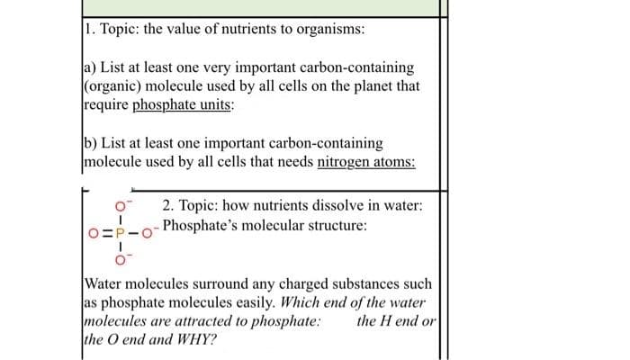 1. Topic: the value of nutrients to organisms:
a) List at least one very important carbon-containing
(organic) molecule used by all cells on the planet that
require phosphate units:
b) List at least one important carbon-containing
molecule used by all cells that needs nitrogen atoms:
2. Topic: how nutrients dissolve in water:
Phosphate's molecular structure:
O=P-O
Water molecules surround any charged substances such
as phosphate molecules easily. Which end of the water
molecules are attracted to phosphate:
the O end and WHY?
the H end or
