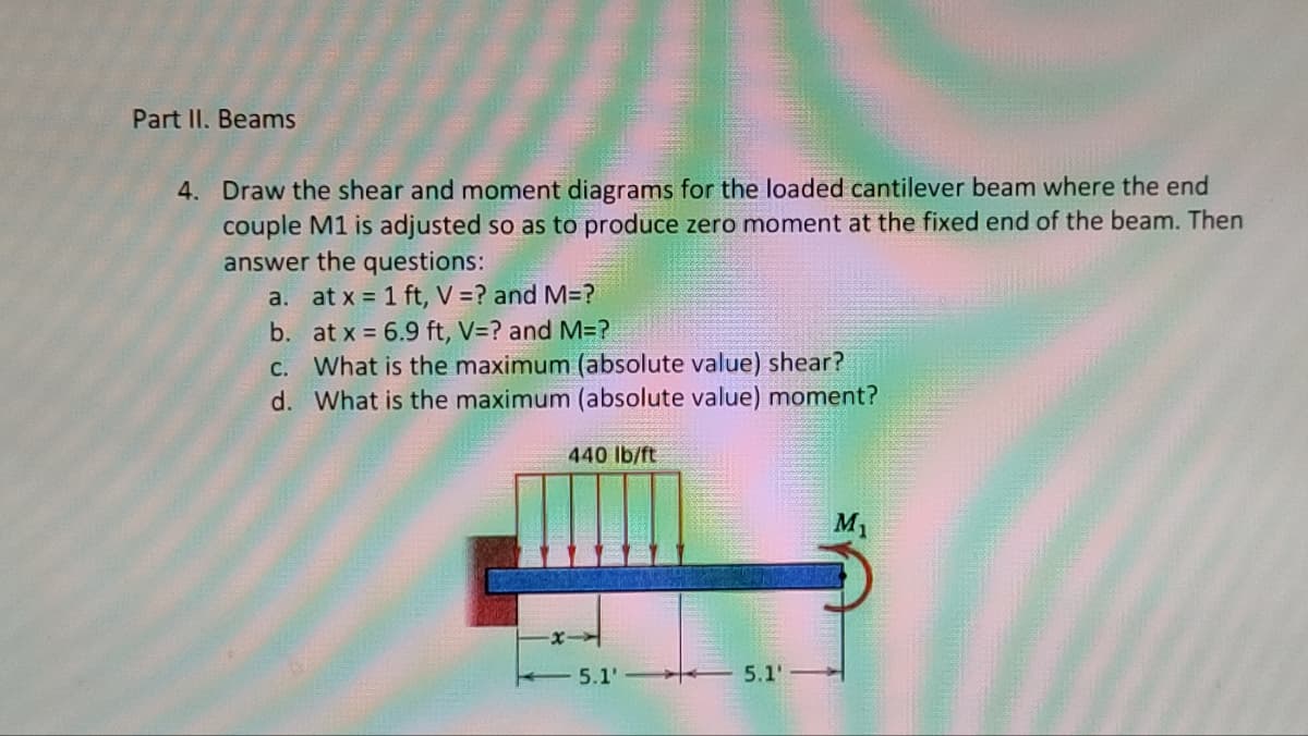 Part II. Beams
4. Draw the shear and moment diagrams for the loaded cantilever beam where the end
couple M1 is adjusted so as to produce zero moment at the fixed end of the beam. Then
answer the questions:
a. at x = 1 ft, V = ? and M=?
b.
at x = 6.9 ft, V=? and M=?
c. What is the maximum (absolute value) shear?
d. What is the maximum (absolute value) moment?
440 lb/ft
5.1'
5.1
M₁