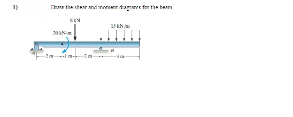 1)
Draw the shear and moment diagrams for the beam.
8 kN
15 kN/m
20 kN-m
B
-2 m-1 m--
-2 m--
-3 m-
