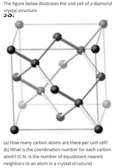 The figure below illustrates the unit cell of a diamond
crystal structure.
(a) How many carbon atoms are there per unit cell?
(b) What is the coordination number for each carbon
atom? (C.N. is the number of equidistant nearest
neighbors to an atom in a crystal structure)
