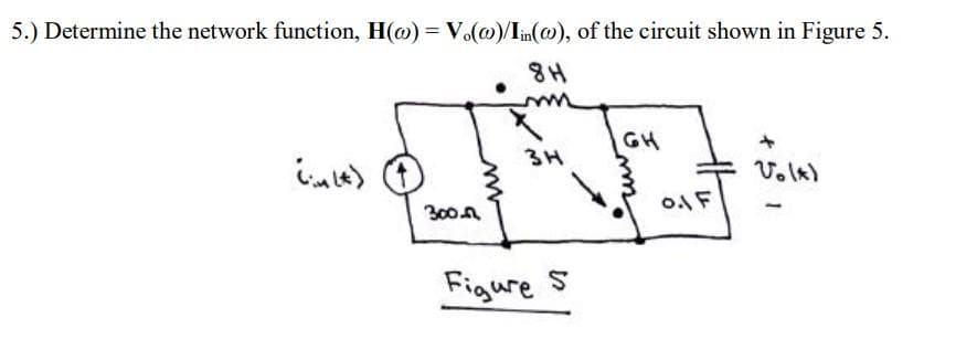 5.) Determine the network function, H(o)= Vo(@)/In(@), of the circuit shown in Figure 5.
8H
(jult)
300.
3H
Figure S
GH
O. F
Volk)