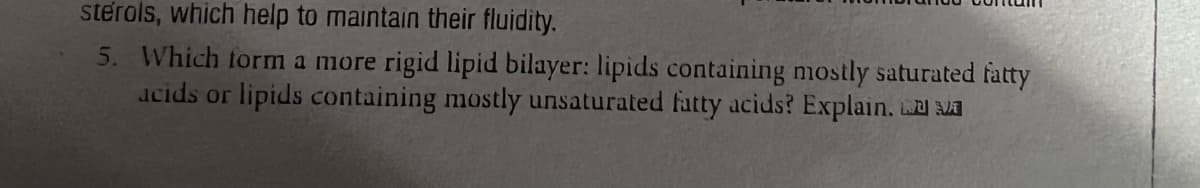 sterols, which help to maintain their fluidity.
5. Which form a more rigid lipid bilayer: lipids containing mostly saturated fatty
acids or lipids containing mostly unsaturated fatty acids? Explain.