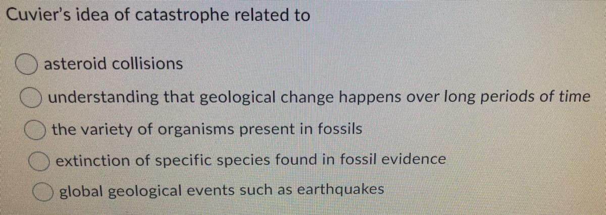Cuvier's idea of catastrophe related to
asteroid collisions
understanding that geological change happens over long periods of time
the variety of organisms present in fossils
extinction of specific species found in fossil evidence
global geological events such as earthquakes

