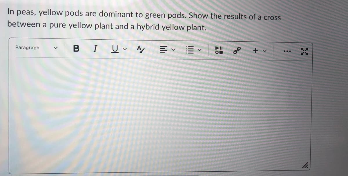 In peas, yellow pods are dominant to green pods. Show the results of a cross
between a pure yellow plant and a hybrid yellow plant.
RA
+ v
в I
Paragraph
