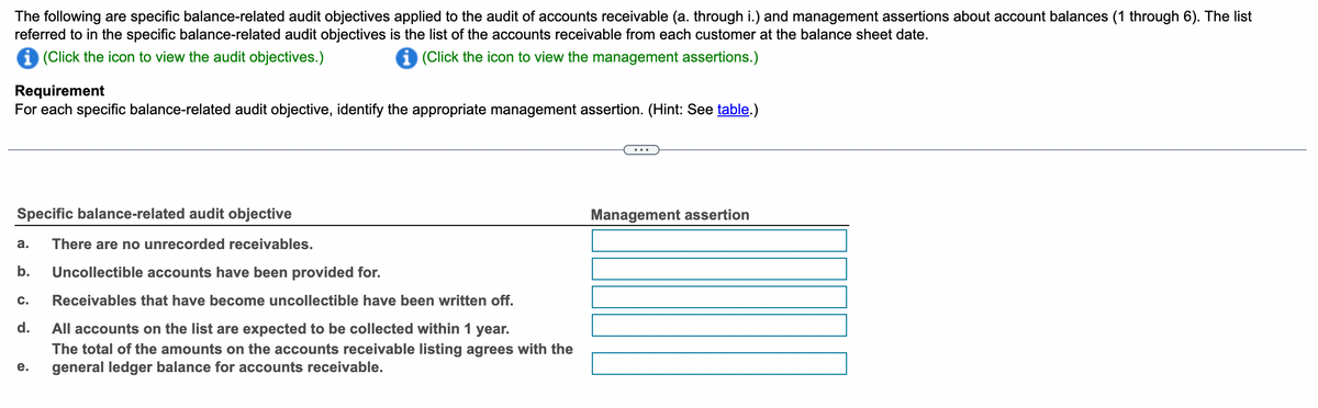 The following are specific balance-related audit objectives applied to the audit of accounts receivable (a. through i.) and management assertions about account balances (1 through 6). The list
referred to in the specific balance-related audit objectives is the list of the accounts receivable from each customer at the balance sheet date.
i (Click the icon to view the audit objectives.)
i (Click the icon to view the management assertions.)
Requirement
For each specific balance-related audit objective, identify the appropriate management assertion. (Hint: See table.)
Specific balance-related audit objective
There are no unrecorded receivables.
b. Uncollectible accounts have been provided for.
C. Receivables that have become uncollectible have been written off.
d.
All accounts on the list are expected to be collected within 1 year.
The total of the amounts on the accounts receivable listing agrees with the
general ledger balance for accounts receivable.
a.
e.
Management assertion