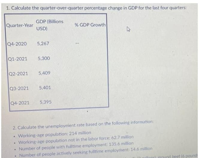 1. Calculate the quarter-over-quarter percentage chạnge in GDP for the last four quarters:
GDP (Billions
Quarter-Year
USD)
% GDP Growth
Q4-2020
5,267
Q1-2021
5,300
Q2-2021
5,409
Q3-2021
5,401
Q4-2021
5,395
2. Calculate the unemployment rate based on the following information:
Working-age population: 214 million
Working-age population not in the labor force: 62.7 million
Number of people with fulltime employment: 135.6 million
Number of people actively seeking fulltime employment: 14.6 million
allons) ground beet (6 pound
