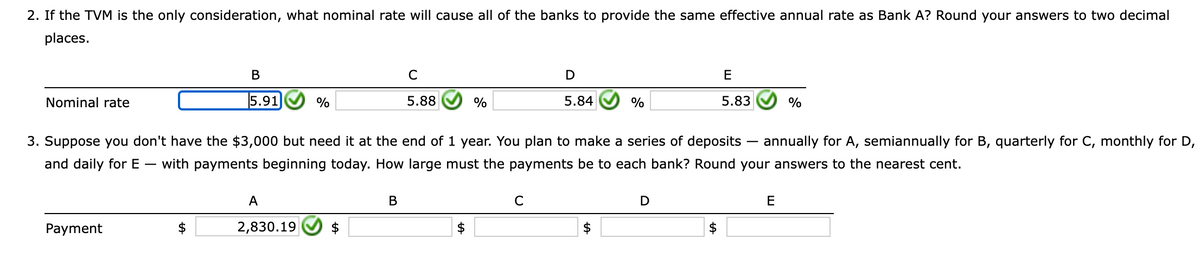 2. If the TVM is the only consideration, what nominal rate will cause all of the banks to provide the same effective annual rate as Bank A? Round your answers to two decimal
places.
Nominal rate
Payment
B
5.91
$
A
%
2,830.19
C
5.88
B
%
3. Suppose you don't have the $3,000 but need it at the end of 1 year. You plan to make a series of deposits annually for A, semiannually for B, quarterly for C, monthly for D,
and daily for E- with payments beginning today. How large must the payments be to each bank? Round your answers to the nearest cent.
$
D
с
5.84
%
$
D
E
5.83
$
%
E