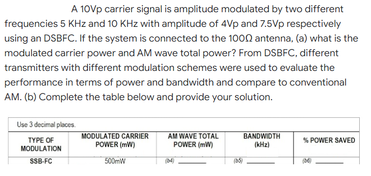 A 10Vp carrier signal is amplitude modulated by two different
frequencies 5 KHz and 10 KHz with amplitude of 4Vp and 7.5Vp respectively
using an DSBFC. If the system is connected to the 100Q antenna, (a) what is the
modulated carrier power and AM wave total power? From DSBFC, different
transmitters with different modulation schemes were used to evaluate the
performance in terms of power and bandwidth and compare to conventional
AM. (b) Complete the table below and provide your solution.
Use 3 decimal places.
MODULATED CARRIER
AM WAVE TOTAL
BANDWIDTH
TYPE OF
% POWER SAVED
POWER (mW)
POWER (mW)
(kHz)
MODULATION
SB-FC
500mW
(b4)
(b5)
(b6)
