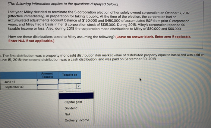 [The following information applies to the questions displayed below.]
Last year, Miley decided to terminate the S corporation election of her solely owned corporation on October 17, 2017
(effective immediately), in preparation for taking it public. At the time of the election, the corporation had an
accumulated adjustments account balance of $150,000 and $450,000 of accumulated E&P from prior C corporation
years, and Miley had a basis in her S corporation stock of $135,000. During 2018, Miley's corporation reported $0
taxable income or loss. Also, during 2018 the corporation made distributions to Miley of $80,000 and $60,000.
How are these distributions taxed to Miley assuming the following? (Leave no answer blank. Enter zero if applicable.
Enter N/A if not applicable.)
The first distribution was a property (noncash) distribution (fair market value of distributed property equal to basis) and was paid on
une 15, 2018; the second distribution was a cash distribution, and was paid on September 30, 2018.
June 15
September 30
Amount
Taxable
Taxable as
Capital gain
Dividend
N/A
Ordinary income